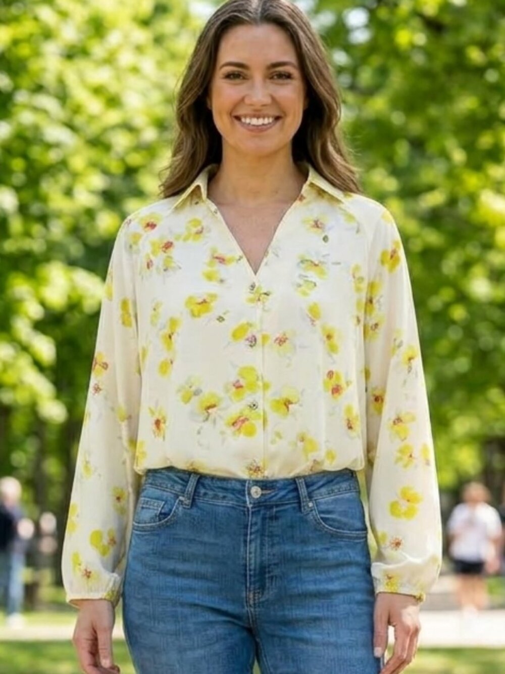 CAbi Go-To Blouse #6294 Yellow Floral Tunic Top Size M